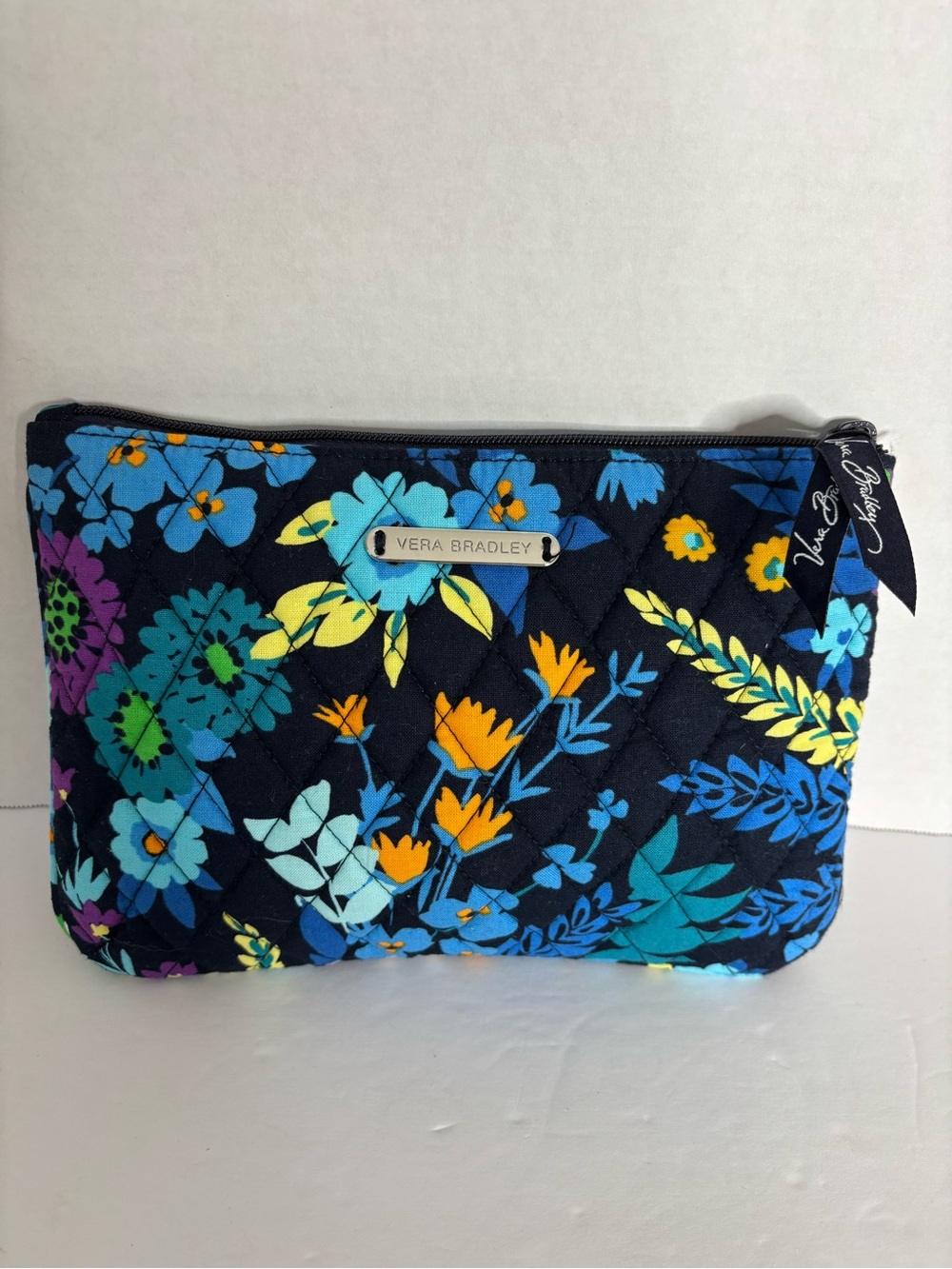 Vera Bradley Navy Floral Quilted Zip Cosmetic Case with Blue & Yellow Blooms